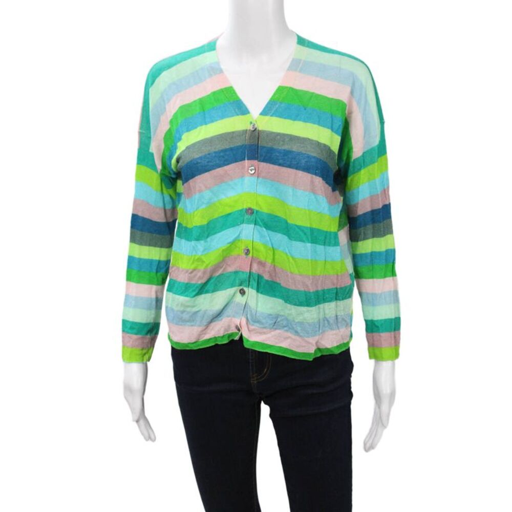In Bed With You Unisex Green Striped V-Neck Button Cardigan Long Sleeve Size S